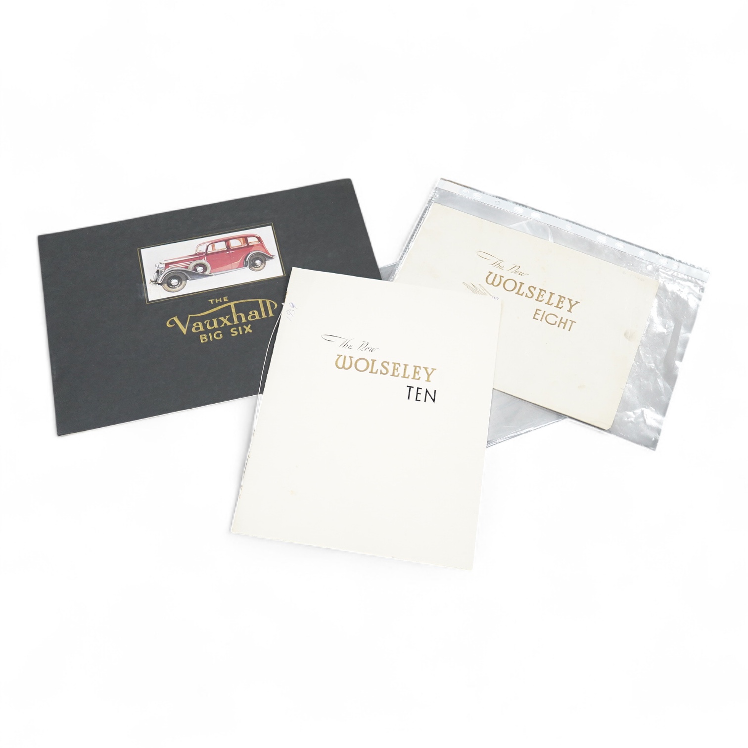 Three 1930s and 1940s motor car manufacturer’s brochures; the Vauxhall Big Six (produced 1934-40), the Wolseley Eight (produced 1946-48), including a separate price list dated June 1946, and the Wolseley Ten (produced 19